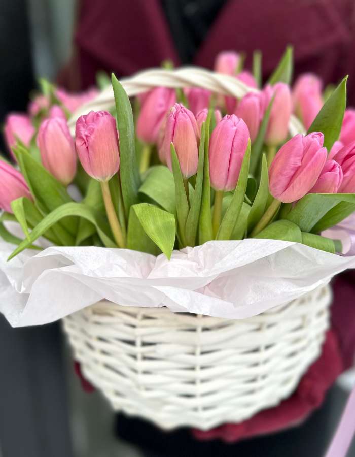 Корзинка из тюльпанов сорта Линкольн (Lincoln) "Подарок амура"