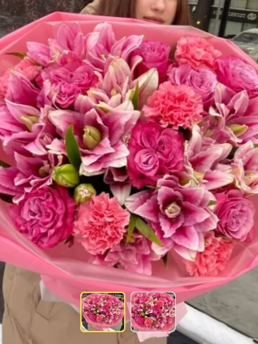 Букет из розовых лилий и пионовидных роз "Счастье рядом"