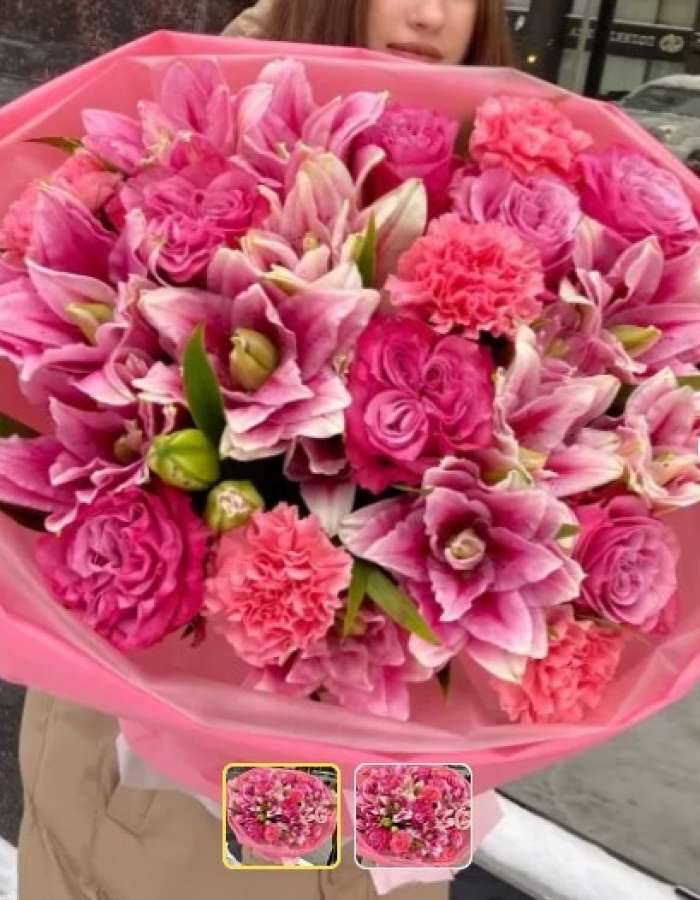 Букет из розовых лилий и пионовидных роз "Счастье рядом"