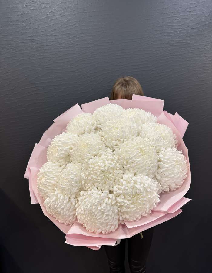 Букет из белых хризантем сорта Бигуди(Bigoudi) "Лунный Свет"