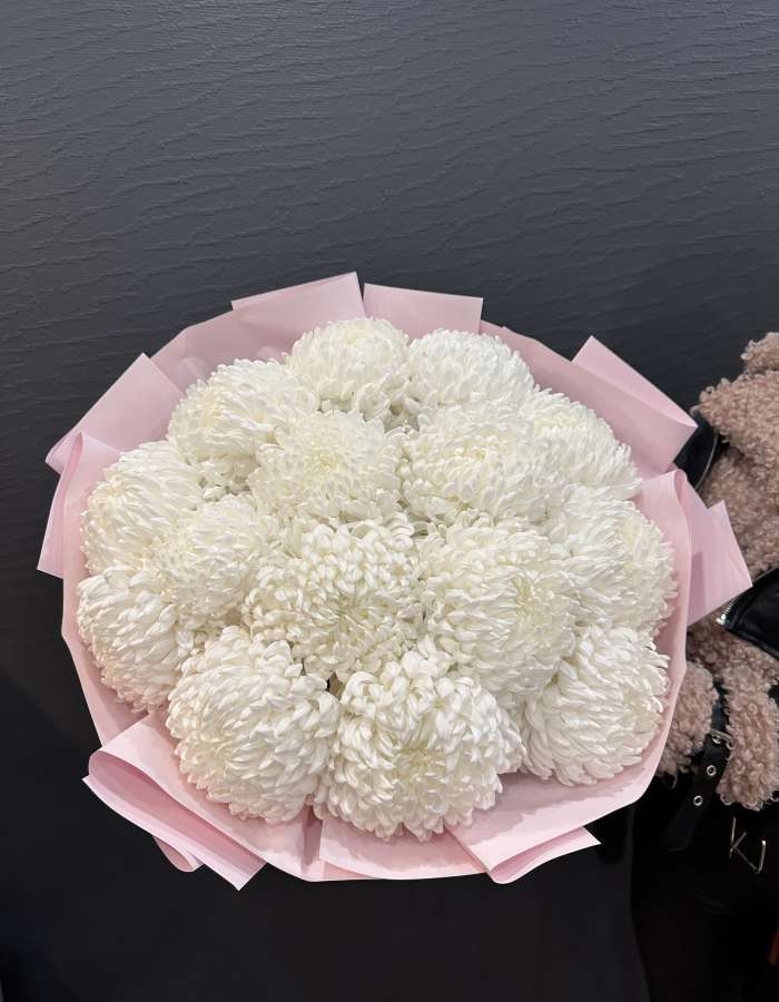 Букет из белых хризантем сорта Бигуди(Bigoudi) "Лунный Свет"