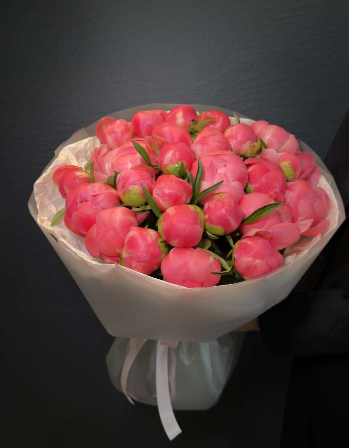 Букет из 25 пионов сорта Корал Сансет(Coral Sunset)