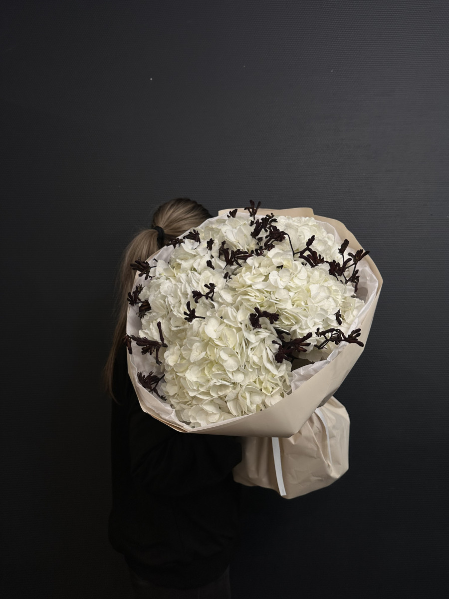 Букет из белых гортензий  и анигозантуса "Морозко"