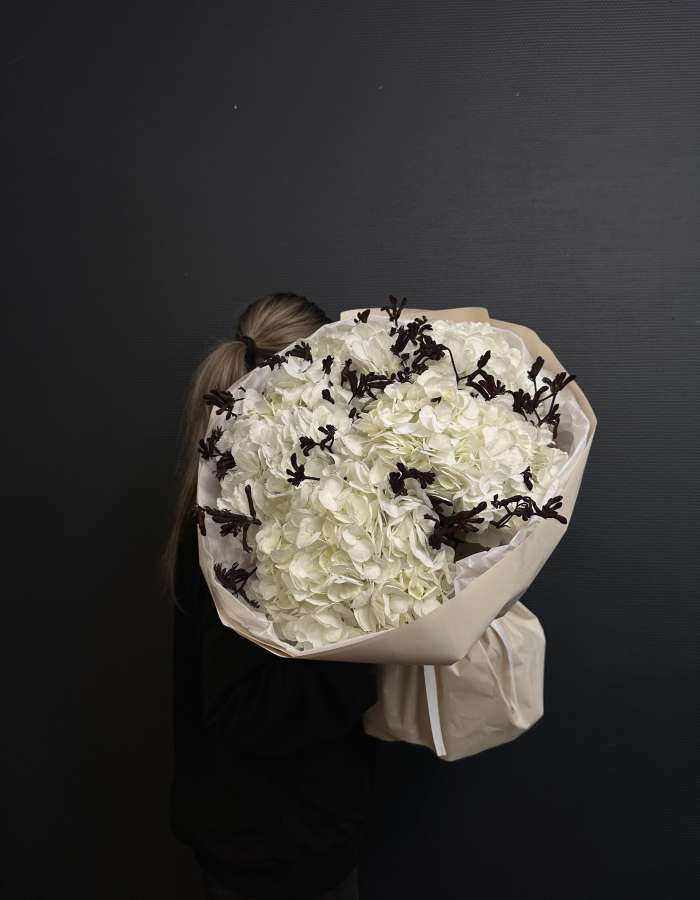 Букет из белых гортензий  и анигозантуса "Морозко"