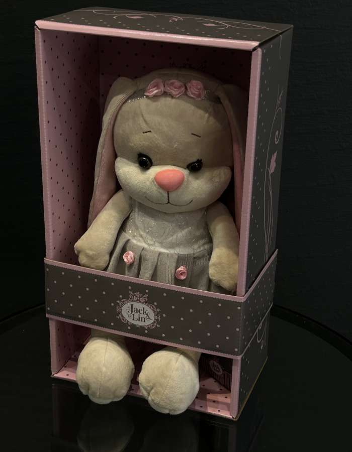 Мягкая игрушка, Зайка в сером платье с розовыми вставками